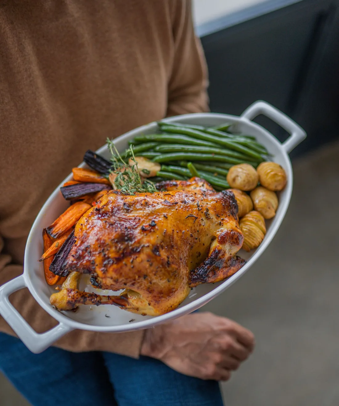 Golden roast chicken with vegetables