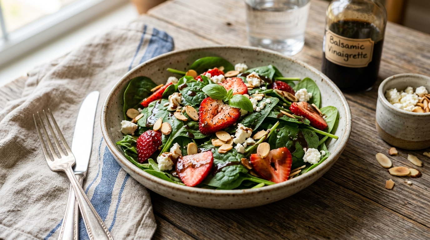Finished strawberry spinach salad with balsamic dressing served