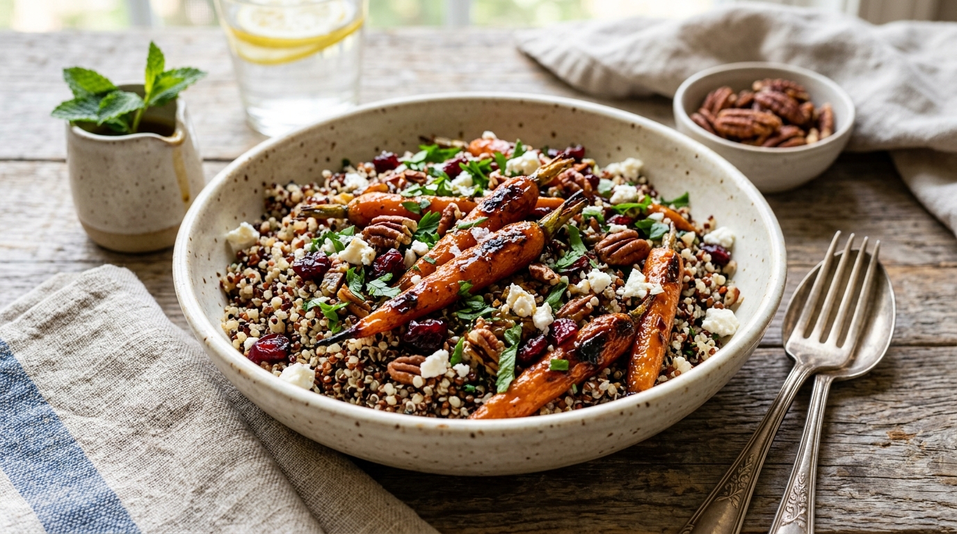 Finished maple glazed carrot and quinoa salad served