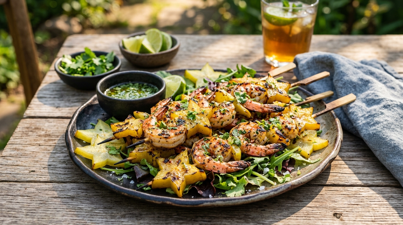 Finished grilled starfruit and shrimp skewers served