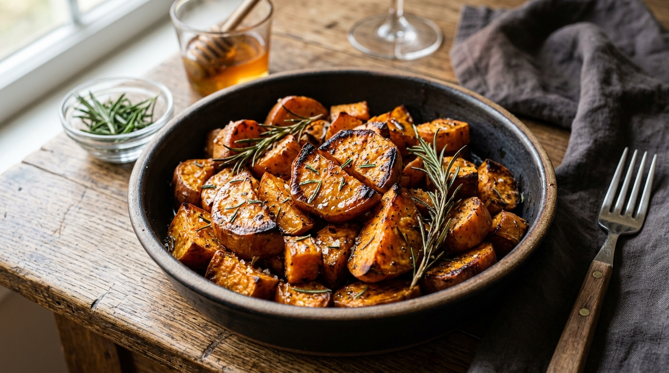 Finished rosemary honey roasted sweet potatoes served