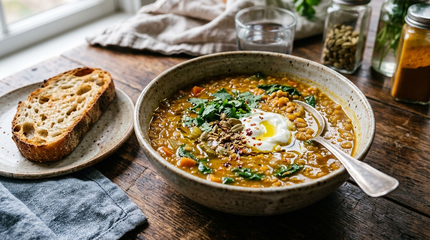 Finished cardamom spiced lentil soup served