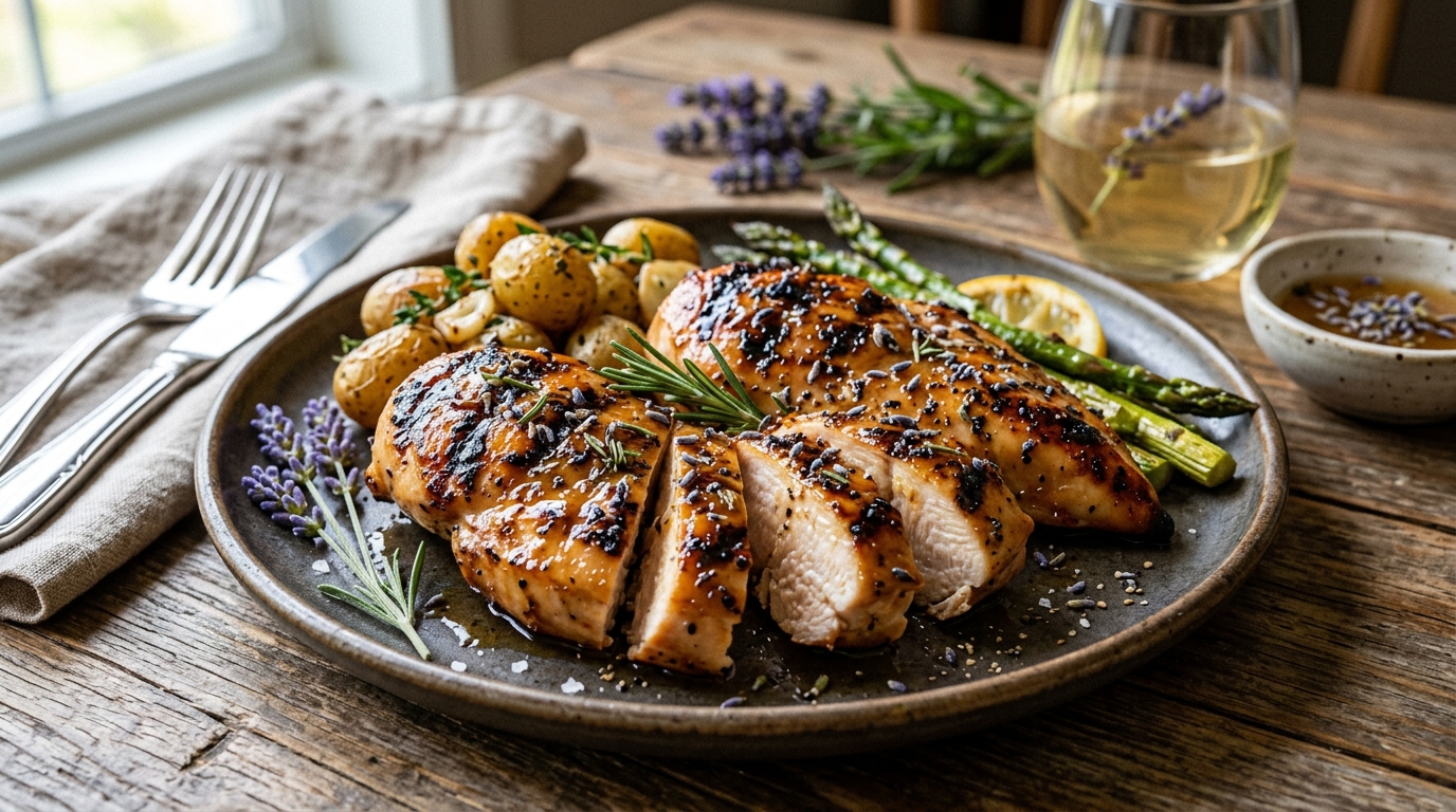 Finished lavender infused honey grilled chicken served