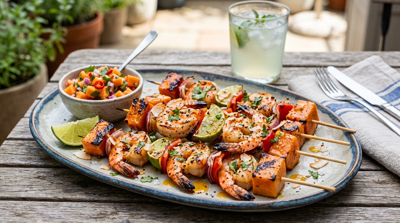 Finished papaya and lime grilled shrimp skewers served