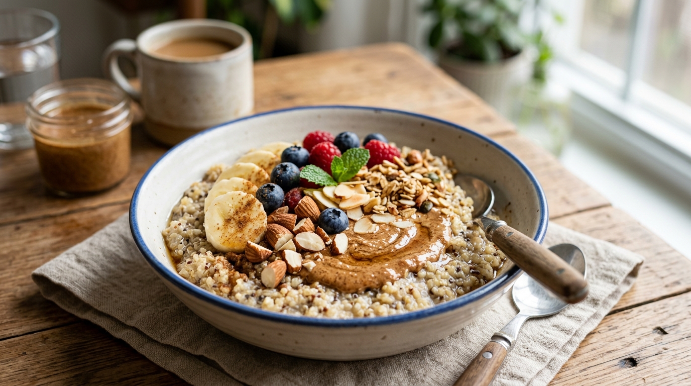 Finished almond butter quinoa breakfast bowl served
