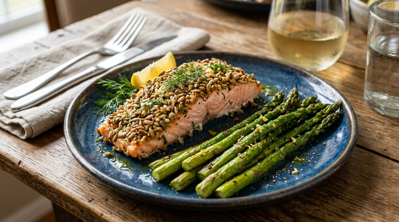 Finished sunflower seed crusted salmon with roasted asparagus served