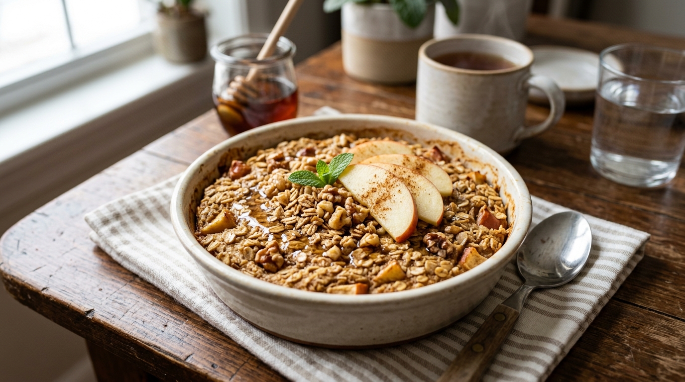 Finished healthy apple cinnamon baked oatmeal served
