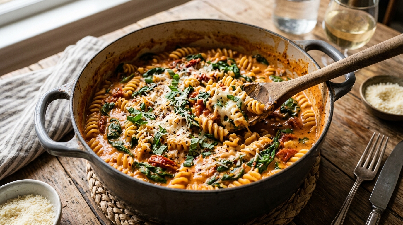 Finished one-pot creamy tomato basil pasta with spinach served