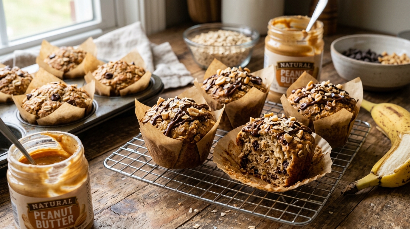 Finished banana peanut butter protein muffins served