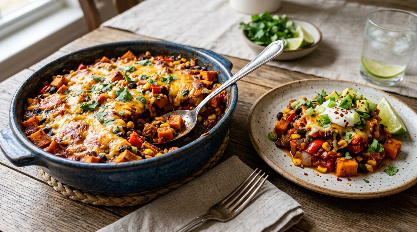 Finished healthy sweet potato and black bean casserole served