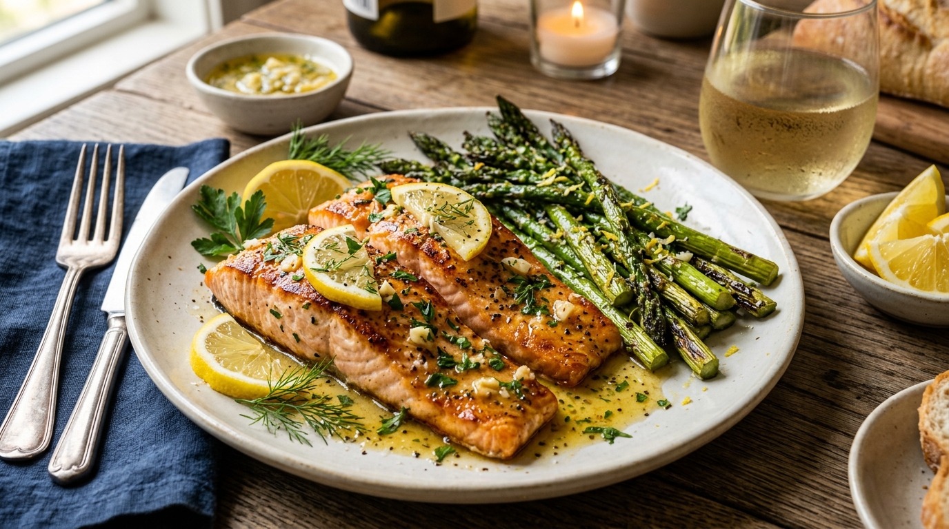 Finished lemon garlic salmon with roasted asparagus served