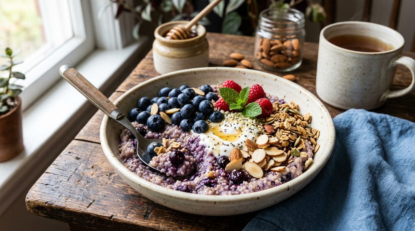 Finished blueberry almond quinoa breakfast bowl served