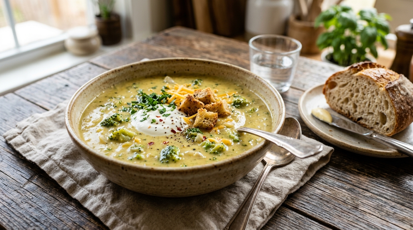 Finished healthy broccoli cheese soup served