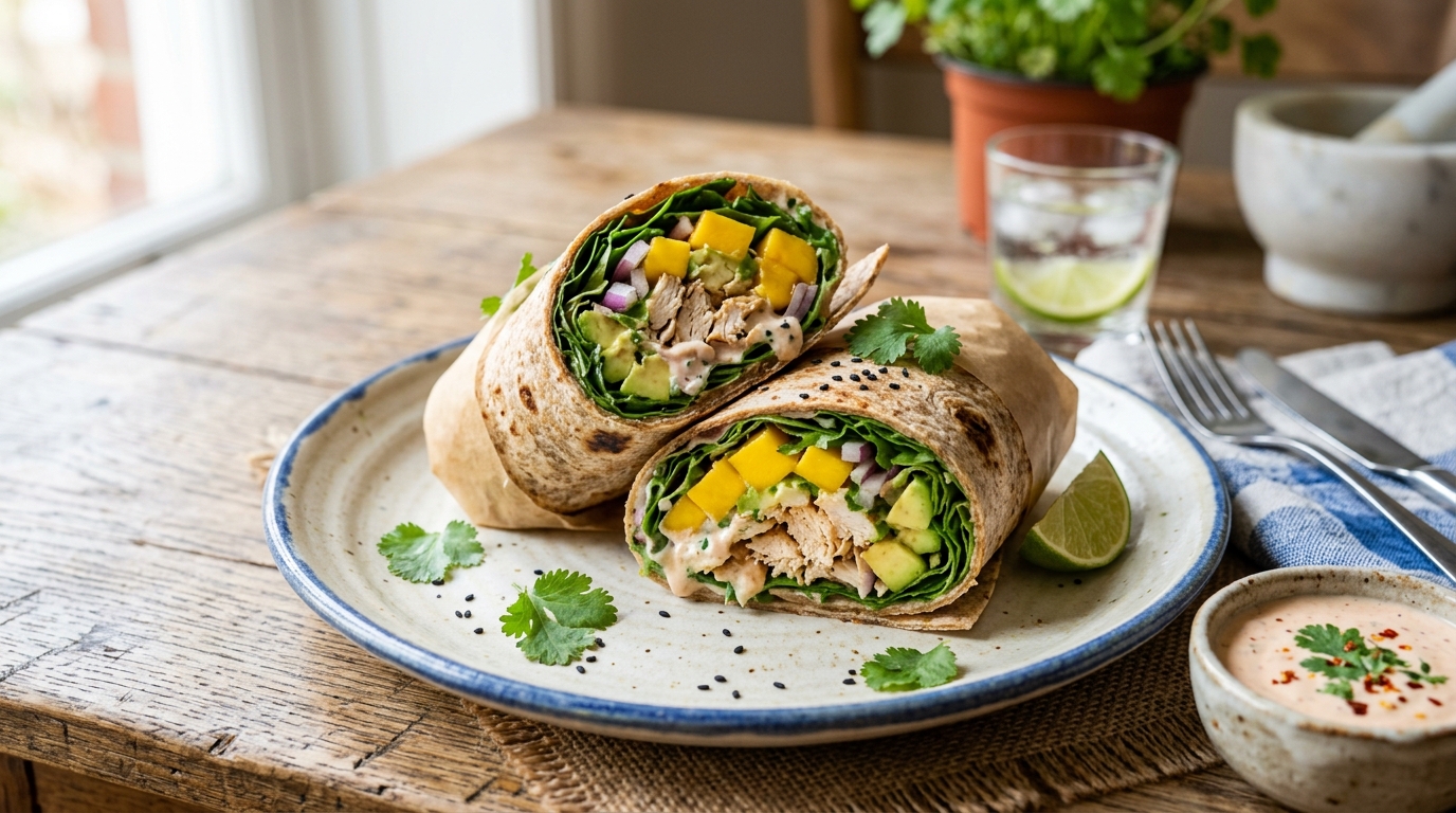 Finished mango avocado chicken wraps served