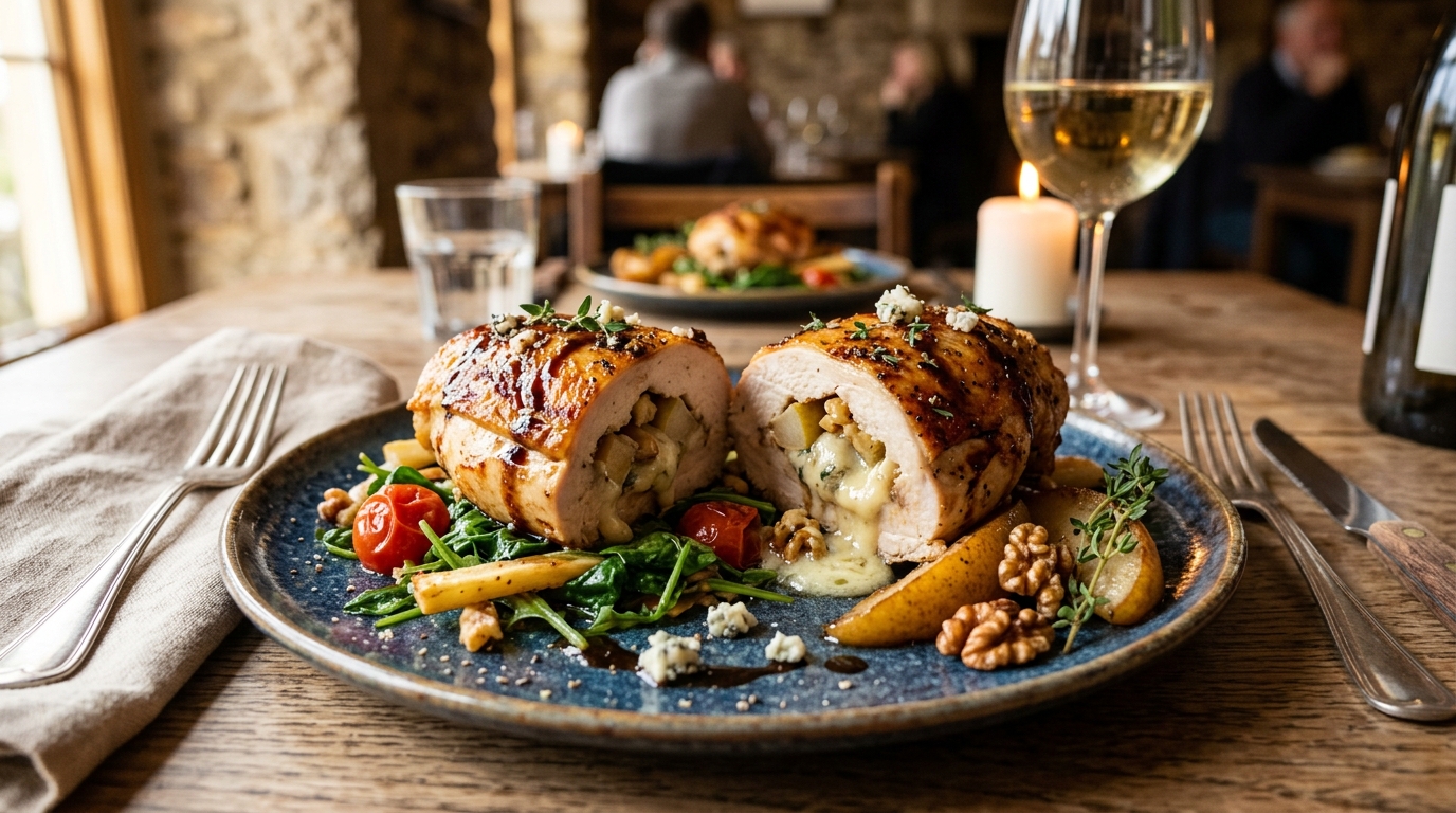 Finished pear and gorgonzola stuffed chicken served
