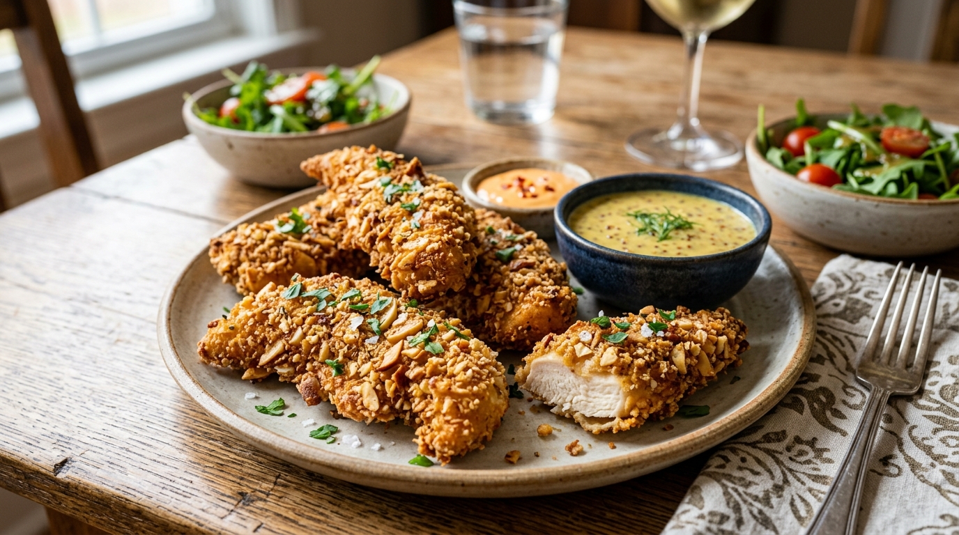 Finished almond crusted chicken tenders served