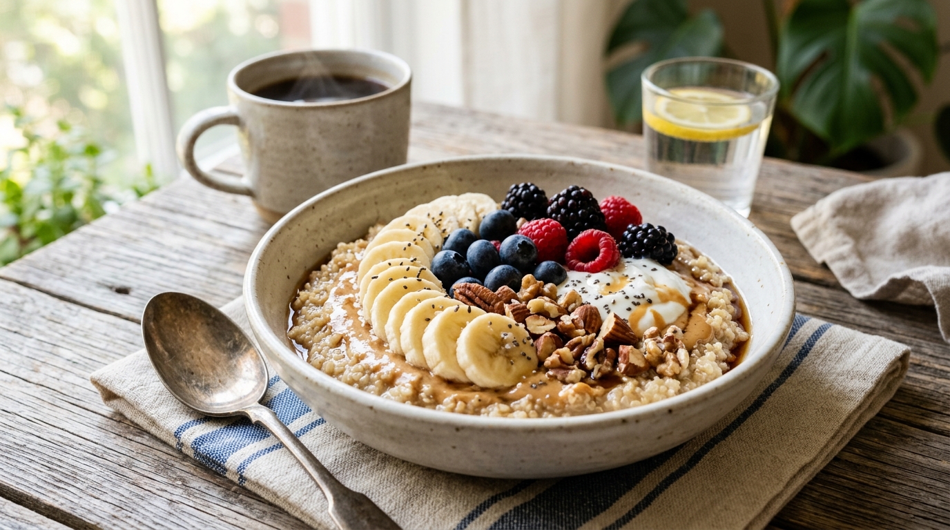 Finished peanut butter quinoa breakfast bowl served