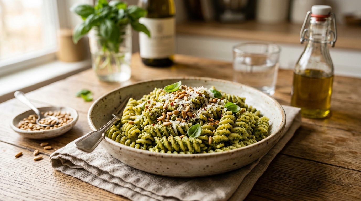 Finished sunflower seed pesto pasta served