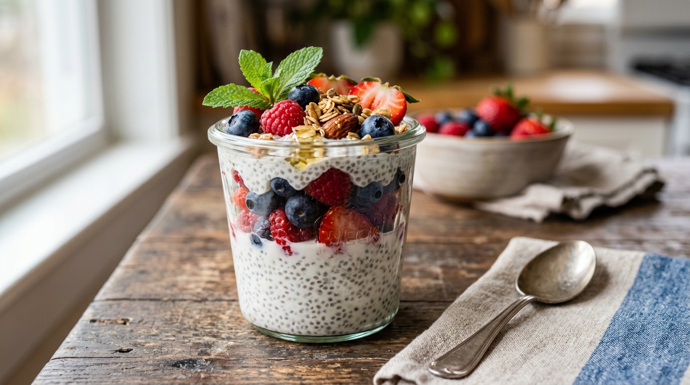 Finished chia seed pudding with mixed berries served