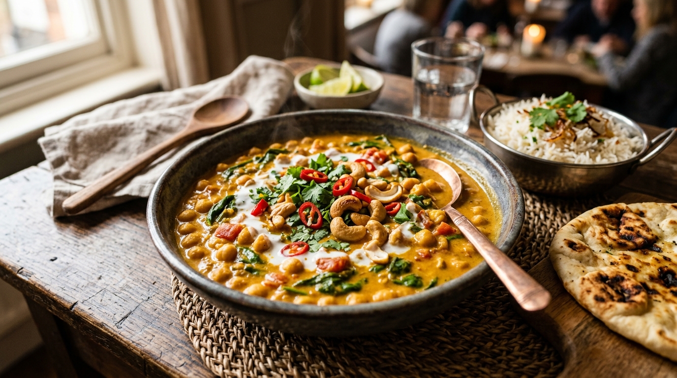 Finished cashew and chickpea curry served