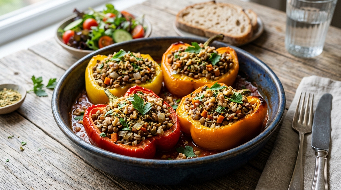 Finished walnut and lentil stuffed peppers served