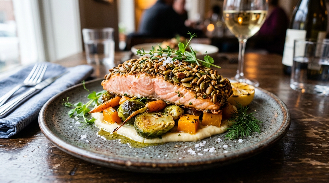 Finished pumpkin seed crusted salmon served