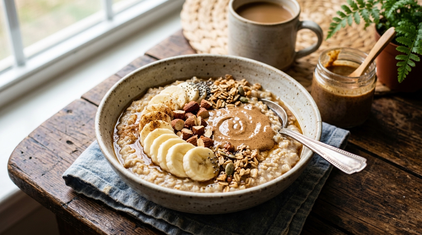 Finished oatmeal with almond butter and banana served