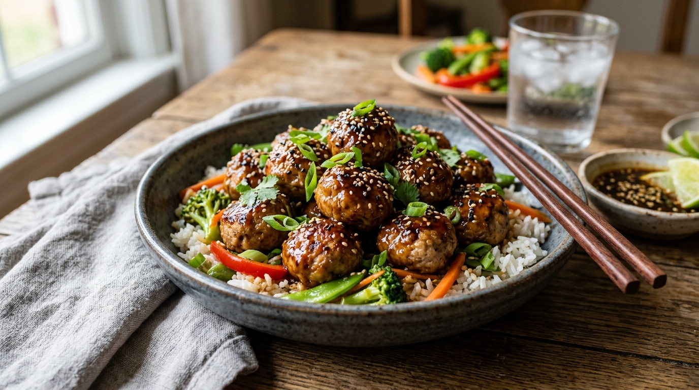 Finished sesame ginger turkey meatballs served