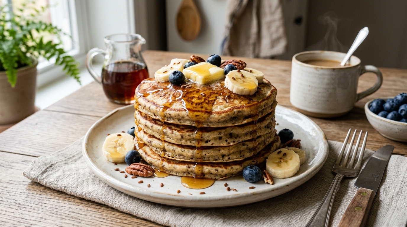 Finished flaxseed and banana pancakes served