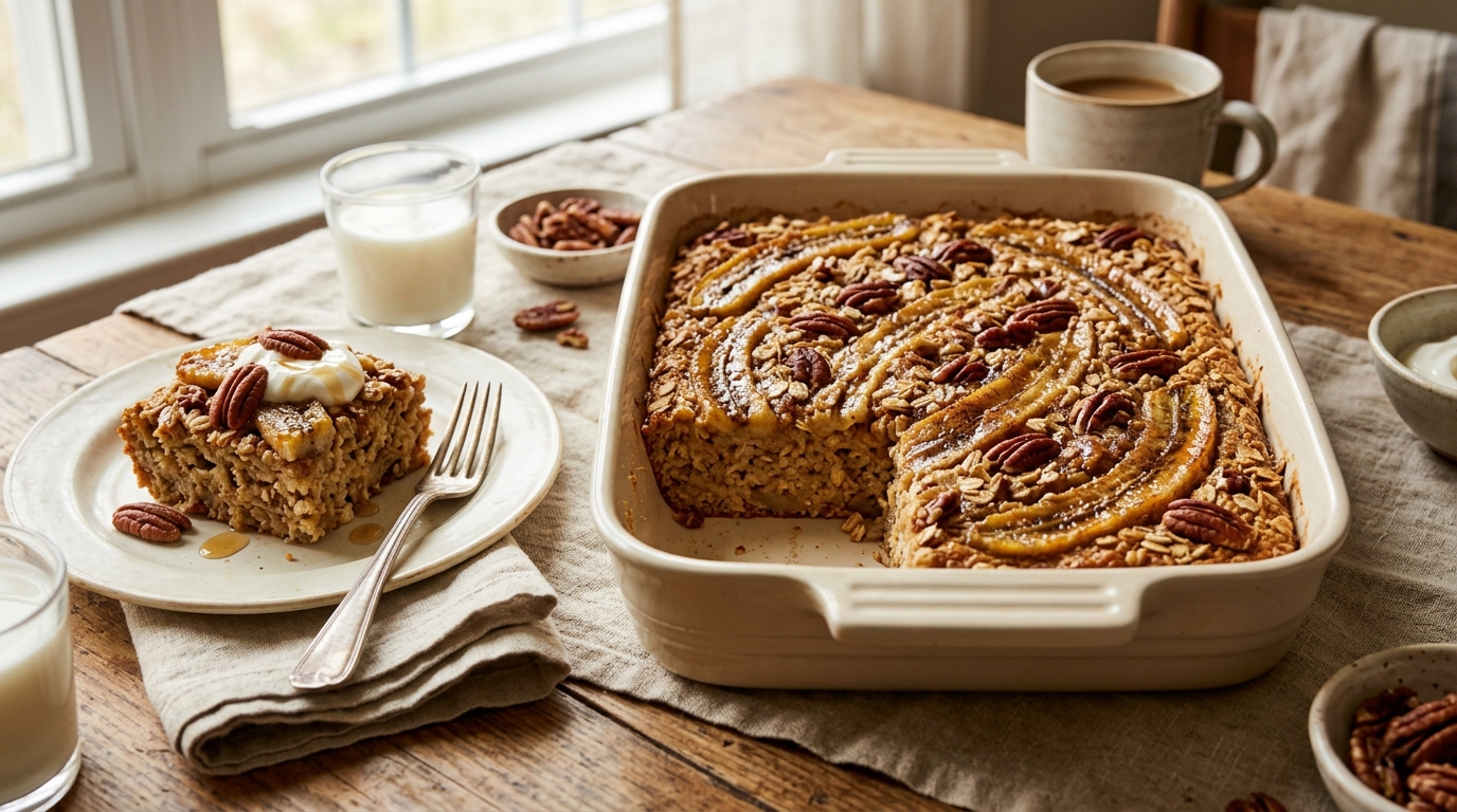 Finished caramelized banana oatmeal bake served