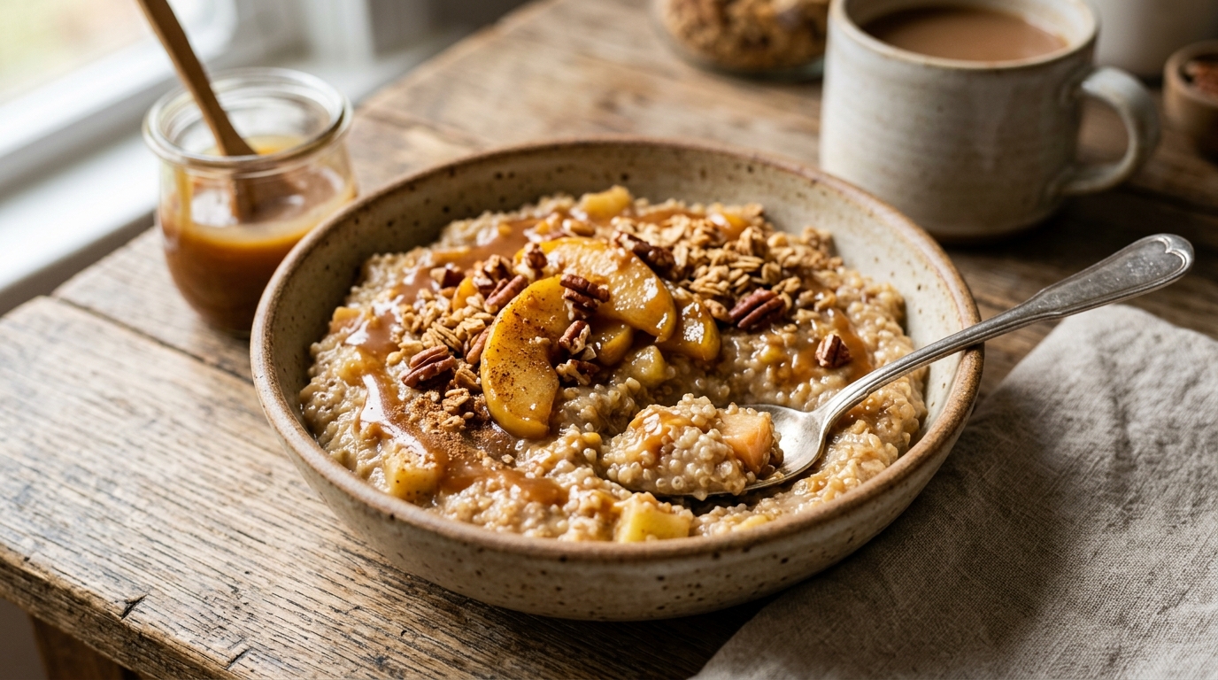 Finished creamy caramel apple quinoa pudding served