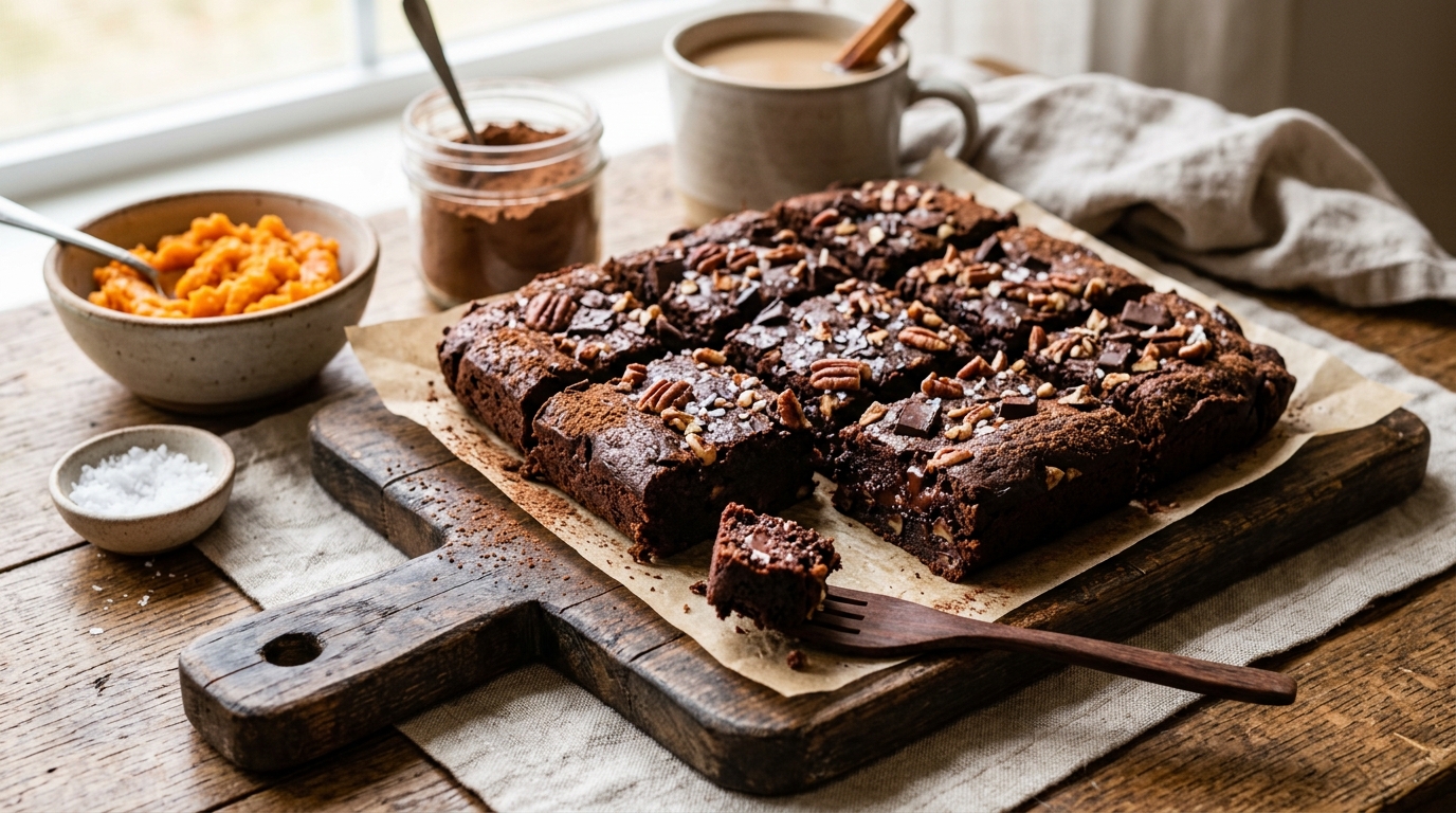 Finished healthy sweet potato chocolate brownies served