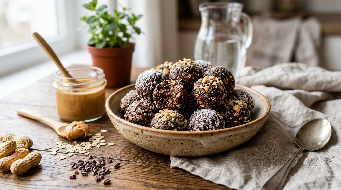 Finished healthy chocolate peanut butter energy balls served
