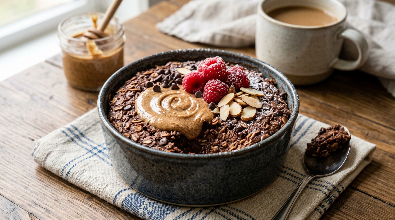 Finished baked chocolate oatmeal with almond butter served