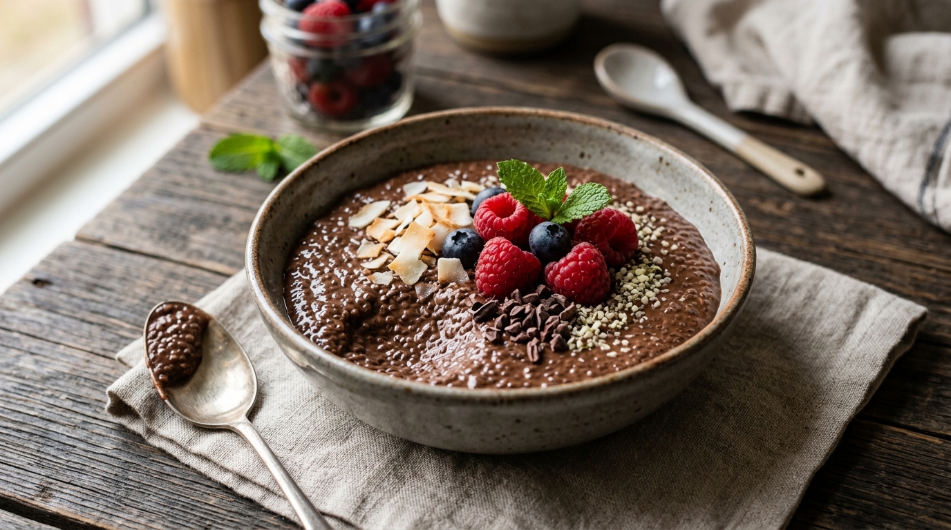 Finished healthy chocolate chia seed pudding served