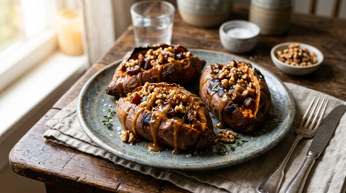 Finished caramel date and walnut stuffed sweet potatoes served
