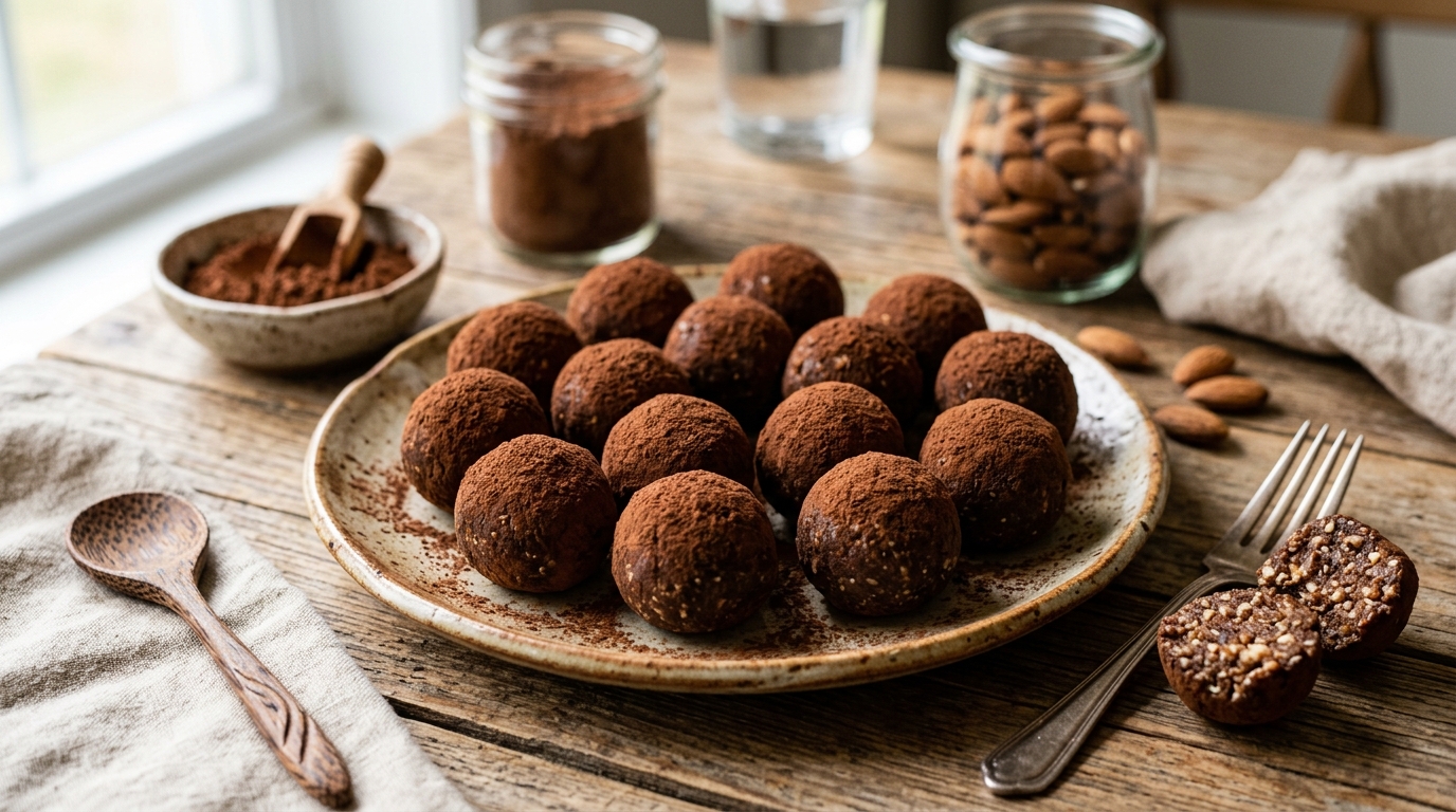 Finished cocoa-dusted almond protein balls served