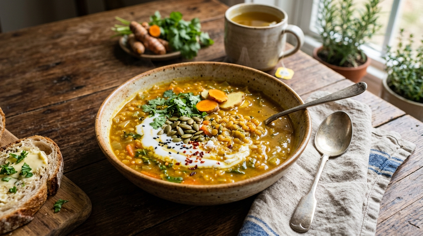 Finished turmeric tea-infused lentil soup served