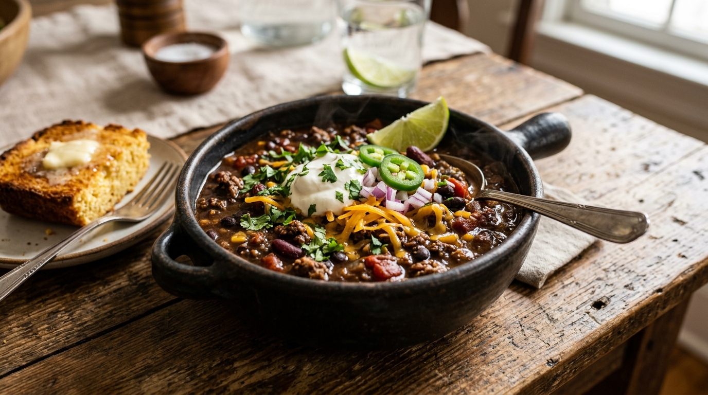 Finished espresso black bean chili served