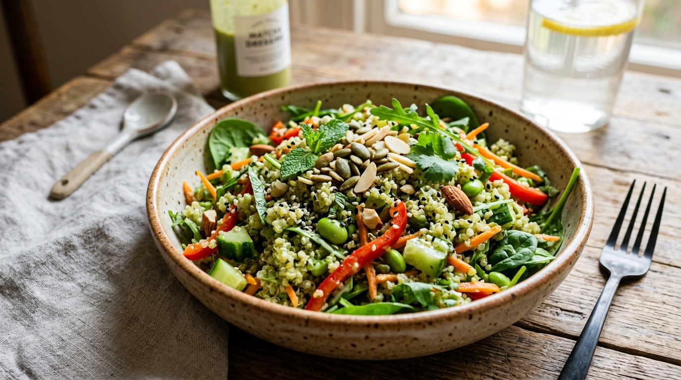Finished matcha green tea quinoa salad served