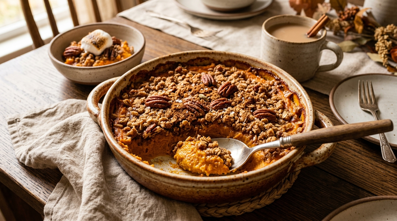 Finished chai-spiced sweet potato casserole served