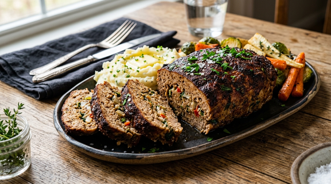 Finished coffee-rubbed turkey meatloaf served