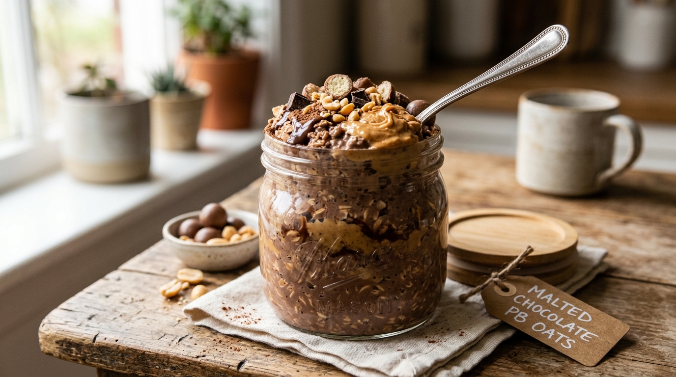 Finished malted chocolate peanut butter overnight oats served