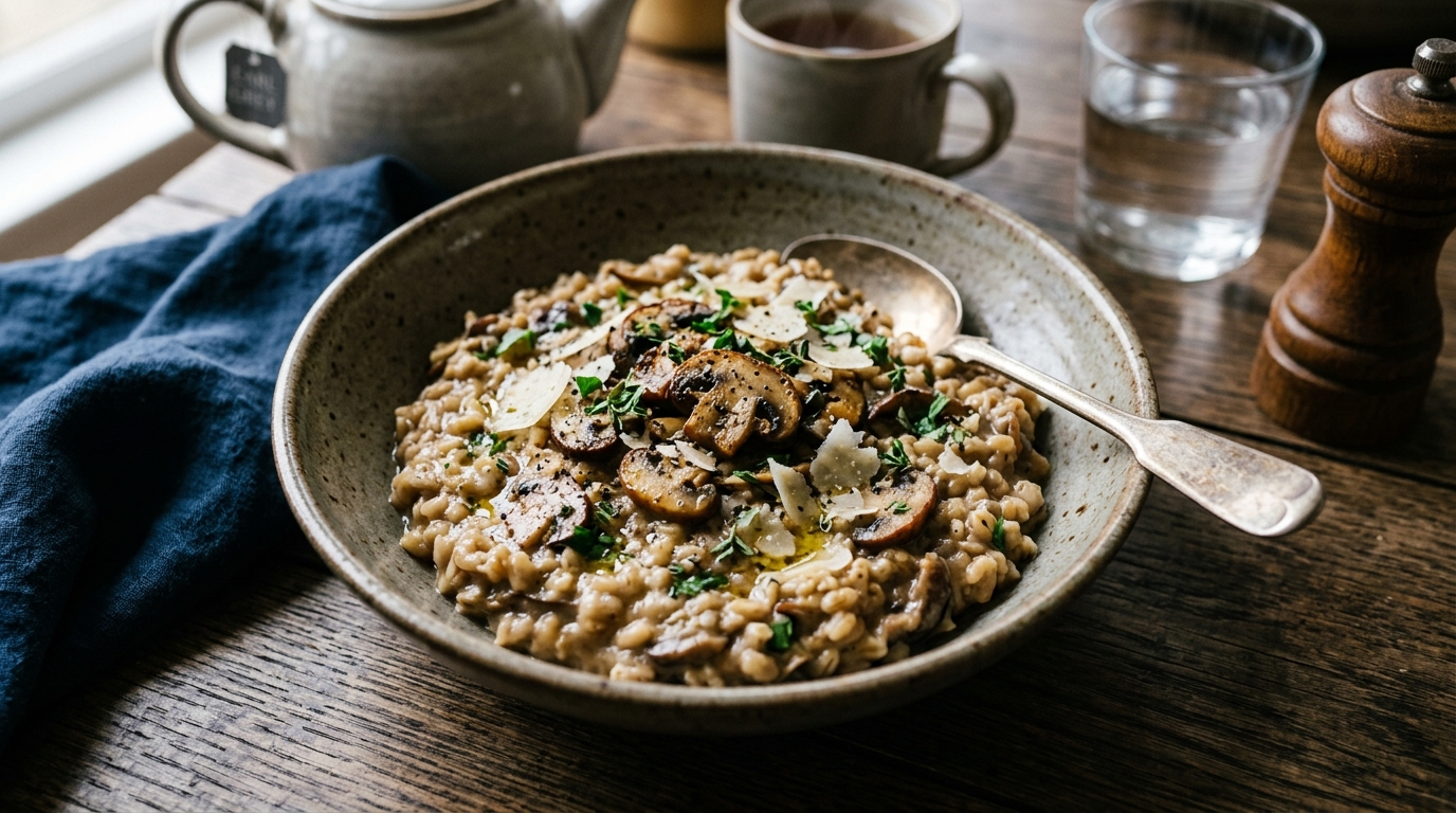 Finished tea-infused mushroom and barley risotto served