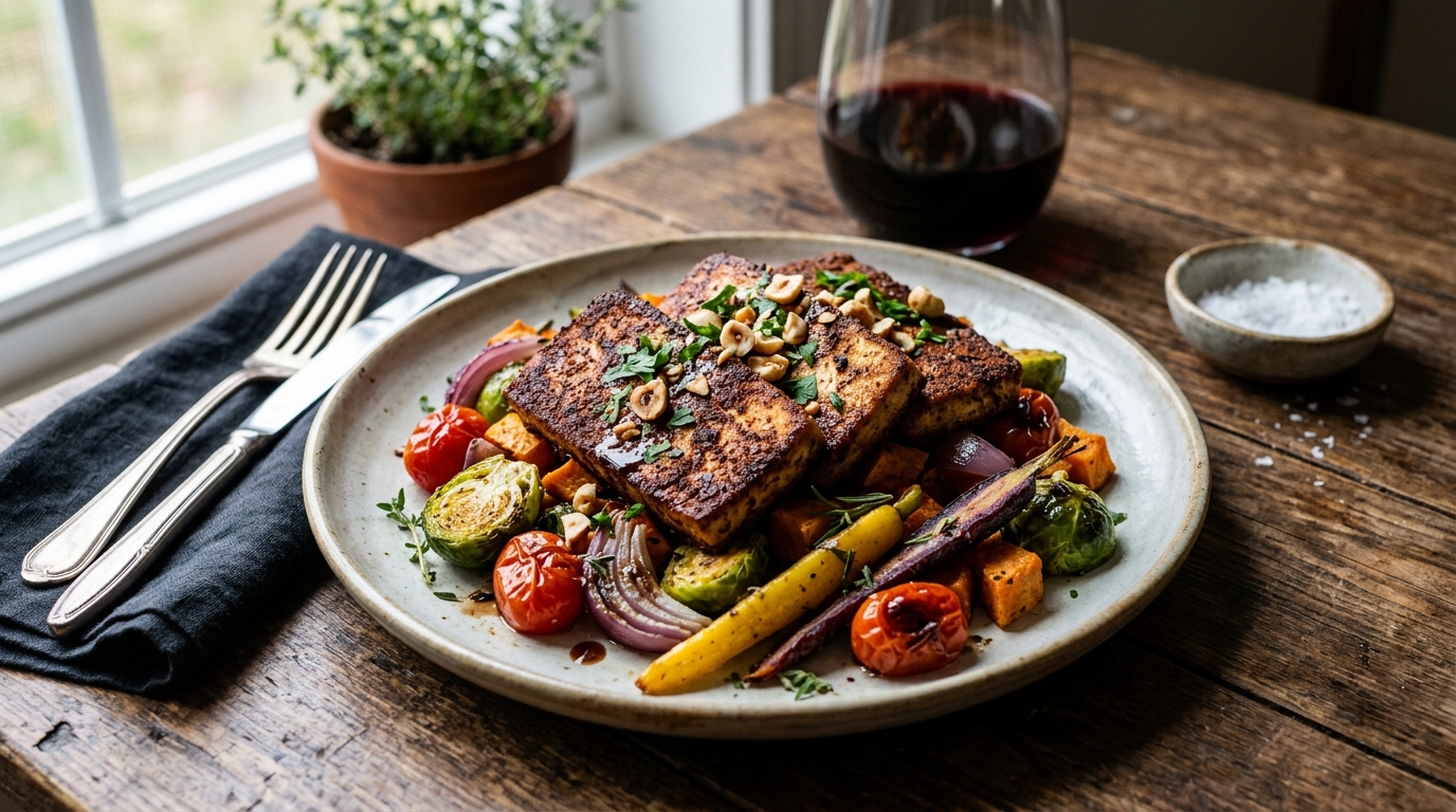 Finished cocoa-crusted tofu with roasted vegetables served