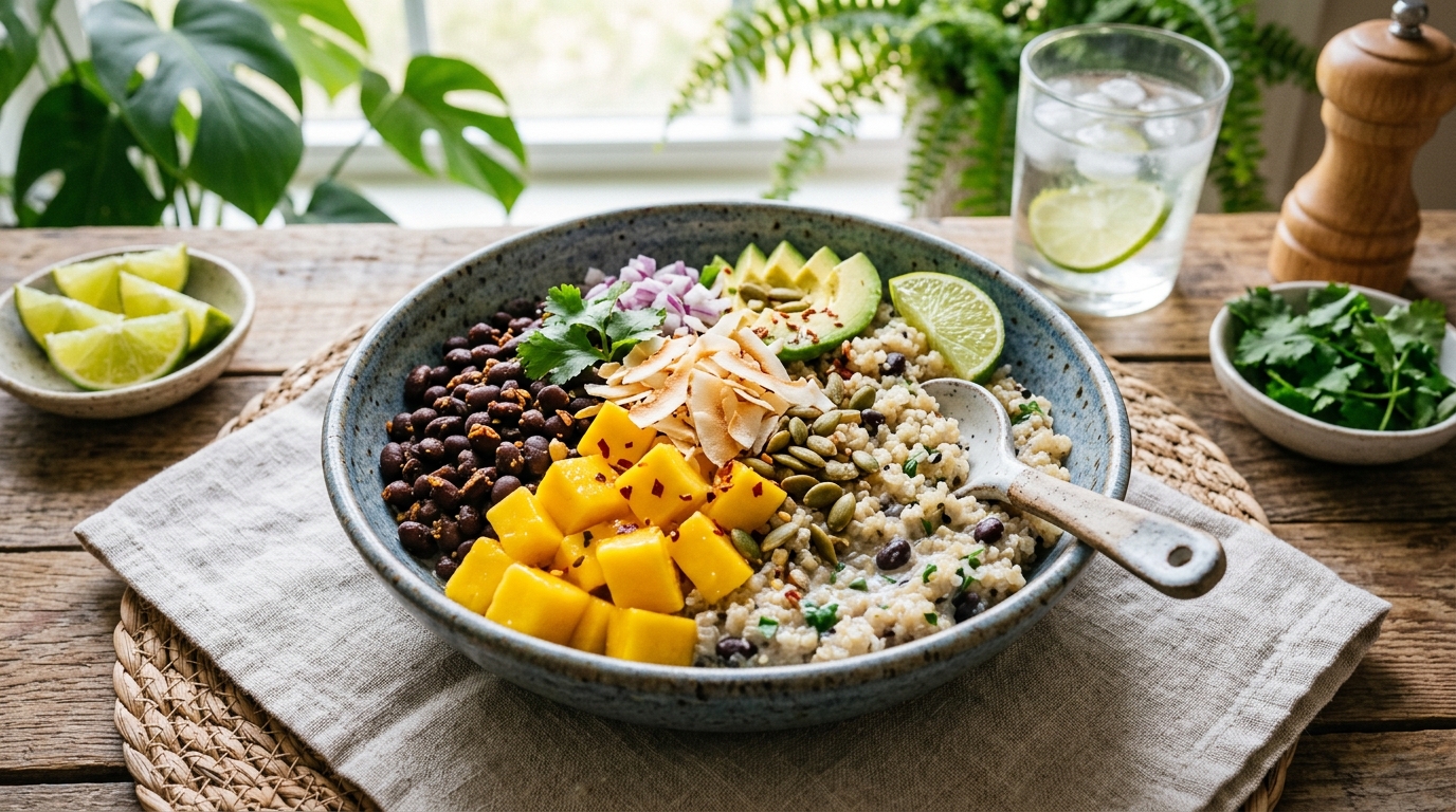 Finished mango coconut quinoa bowl with black beans served