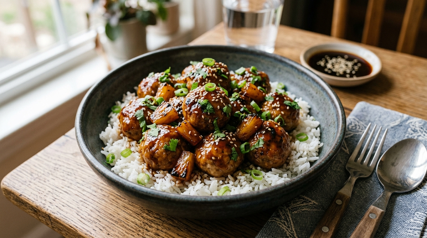 Finished pineapple teriyaki turkey meatballs served