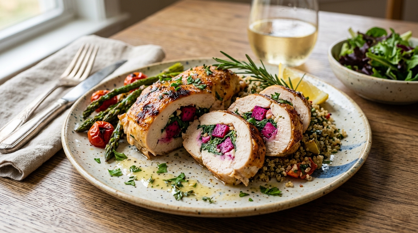 Finished dragon fruit and spinach stuffed chicken breast served