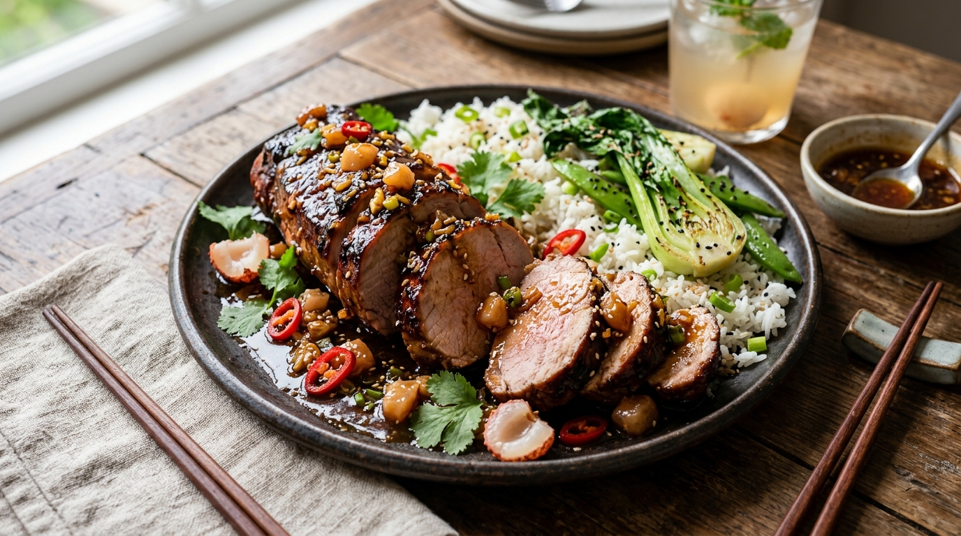 Finished lychee and ginger glazed pork tenderloin served
