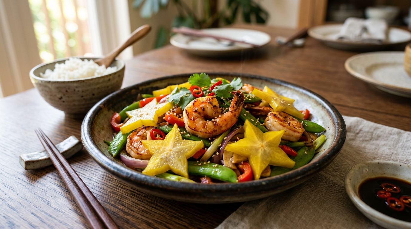 Finished star fruit and shrimp stir-fry served